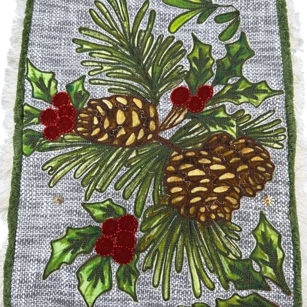 Holiday Table Runner Pine Cones and Holly Cotton Linen 14x68 Christmas Decor
